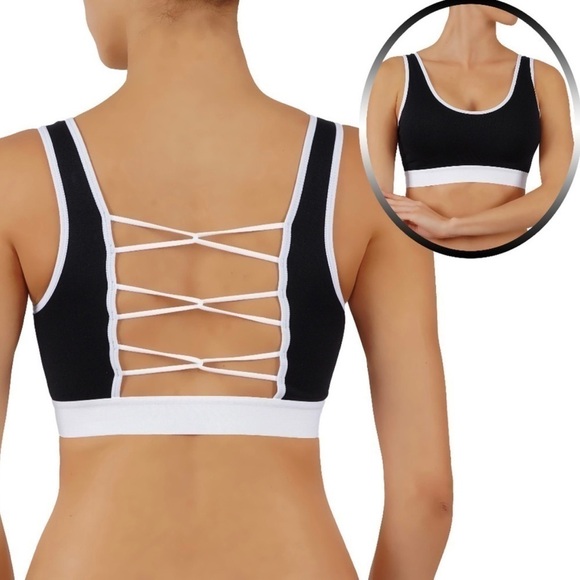 NWT Criss Cross Back High Impact Sports Bra Black & White Size S - Picture 1 of 9